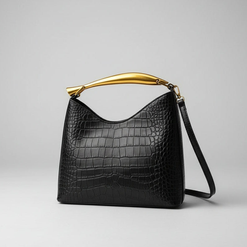 Bolsa Feminina com Textura Croco e Alça Dourada – Elegante e Premium