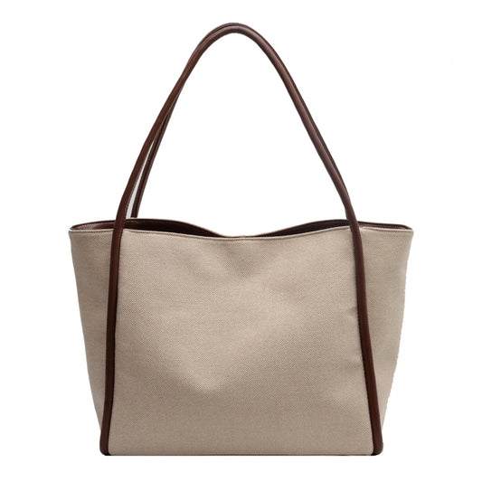 Bolsa tote feminina bege com alças marrons em tecido premium estruturado