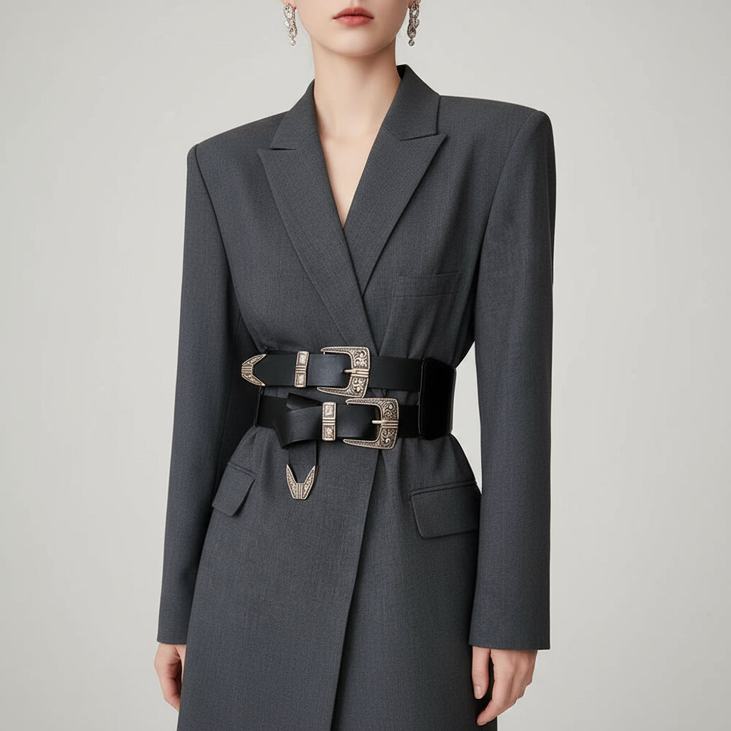 Cinto Feminino Duplo Preto com Fivelas Douradas