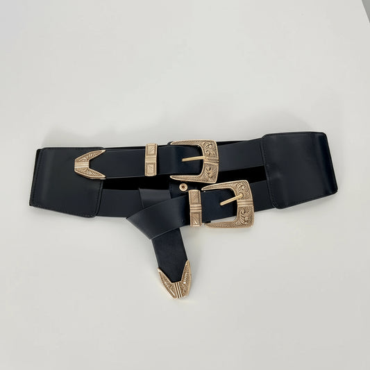 Cinto Feminino Duplo Preto com Fivelas Douradas
