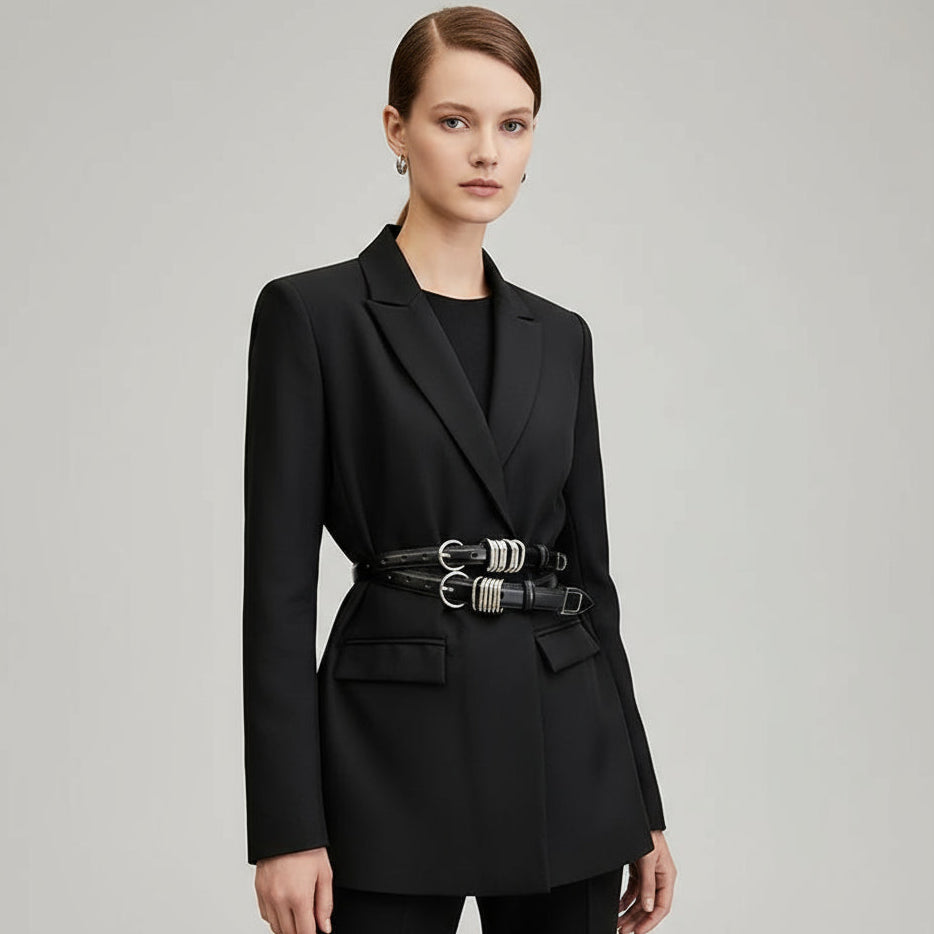 Cinto Feminino Duplo Preto com Fivelas Prateadas