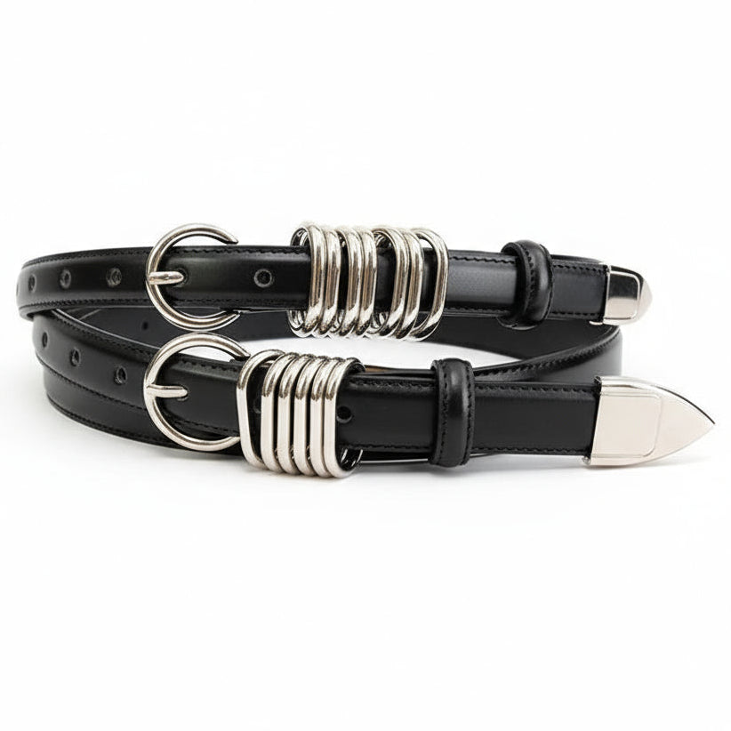 Cinto Feminino Duplo Preto com Fivelas Prateadas