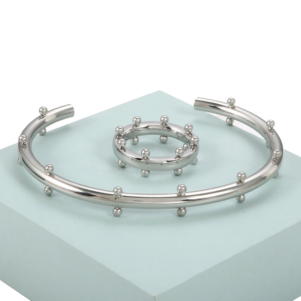 Conjunto Feminino de Bracelete e Anel Prata e Dourado Premium