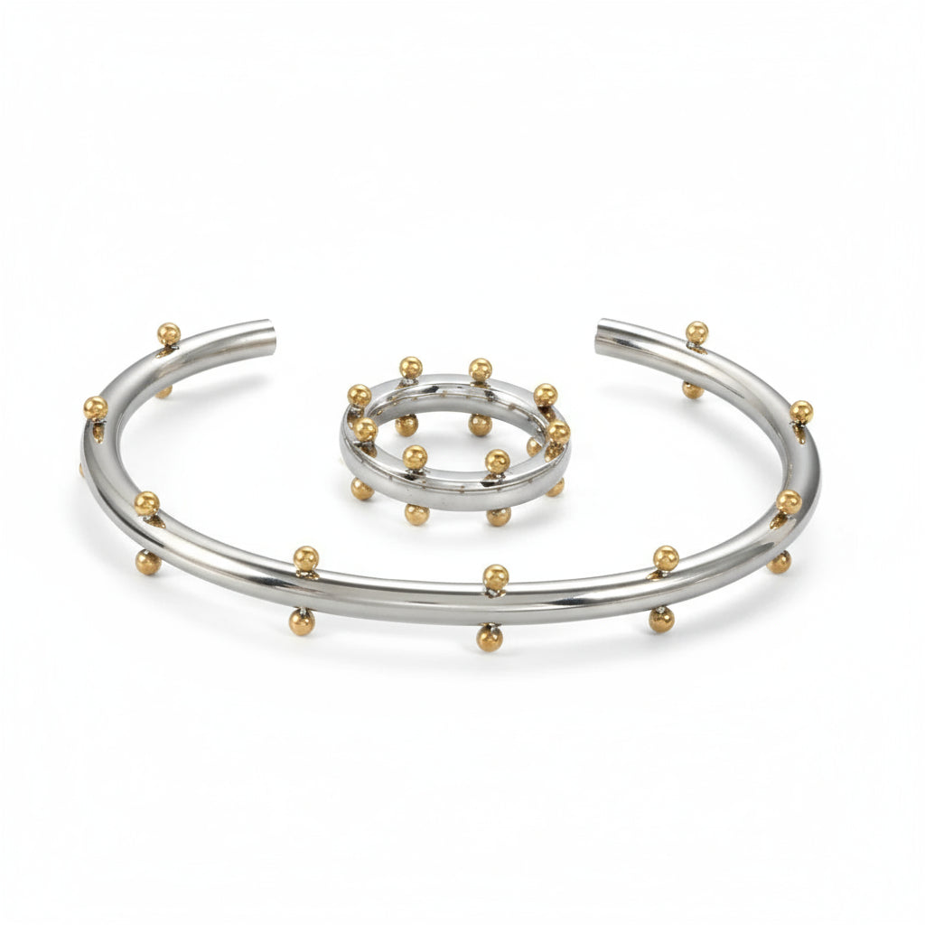 Conjunto Feminino de Bracelete e Anel Prata e Dourado Premium
