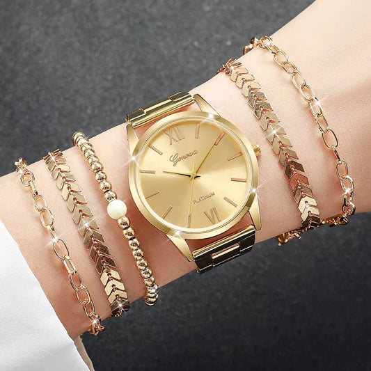 Relógio Feminino Dourado com Pulseiras