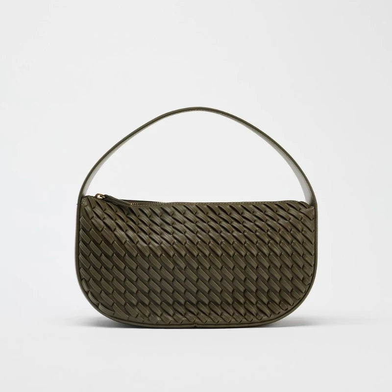 Bolsa Feminina Verde Oliva em Couro Trançado