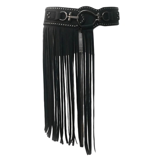 Cinto Preto Feminino com Franjas Longas Estilo Boho em Couro