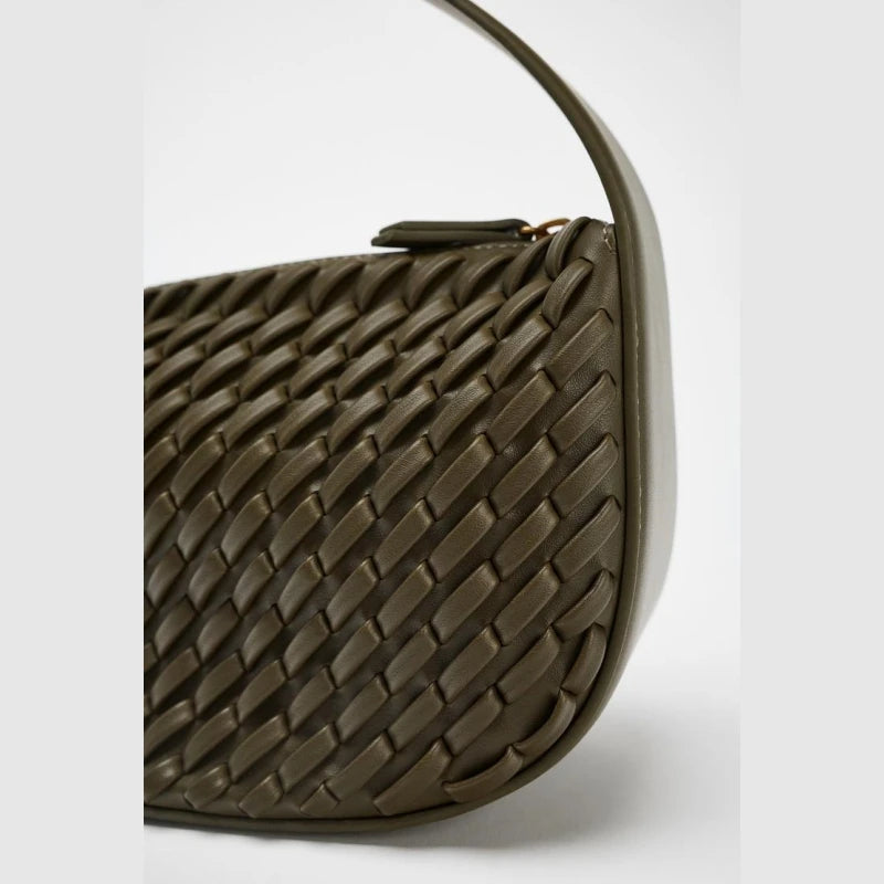 Bolsa Feminina Verde Oliva em Couro Trançado
