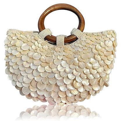 Bolsa feminina com paetês e alça de madeira natural estilo artesanal premium