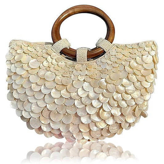 Bolsa feminina com paetês e alça de madeira natural estilo artesanal premium
