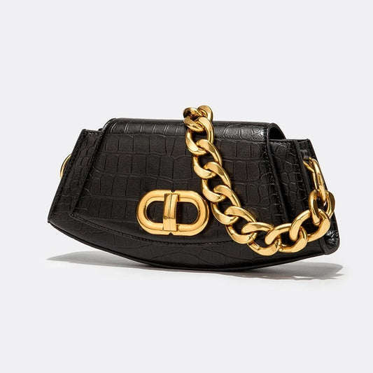 Bolsa Feminina de Ombro em Couro Ecológico com Corrente Dourada – Design Elegante